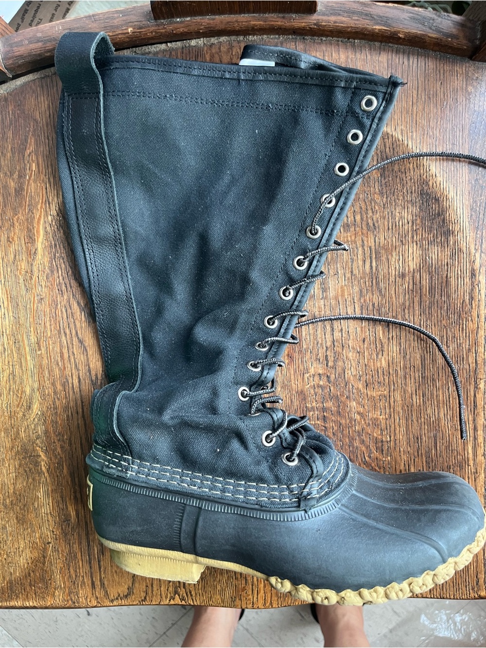 L.L. Bean Black Lace-Up Tall Duck Boots with Tan Sole waxed canvas